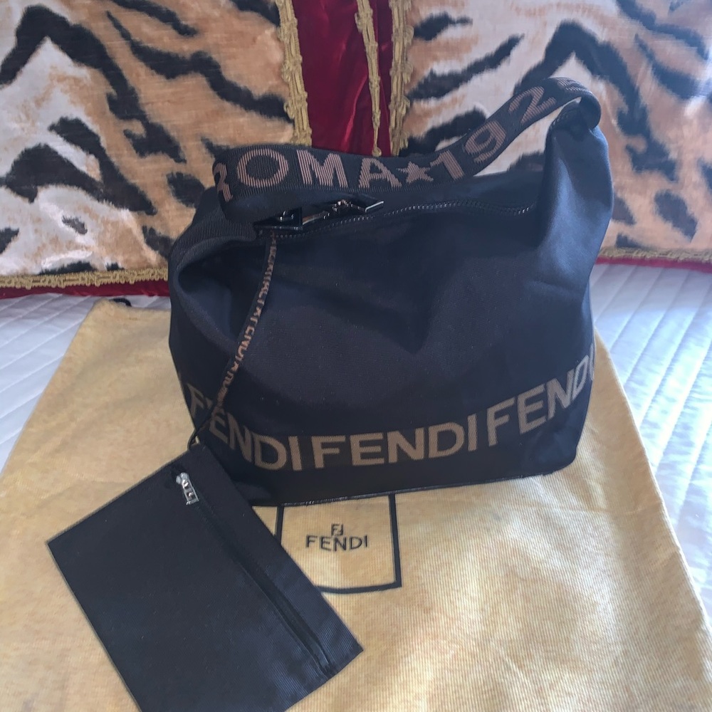 Fendi Black Canvas Logo Tote with Tan Lettering